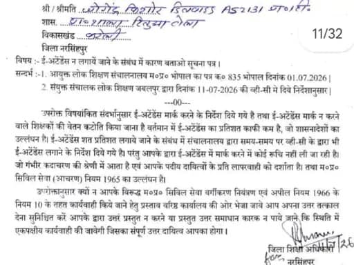  E-attendance notice sent to deceased Narsinghpur teacher